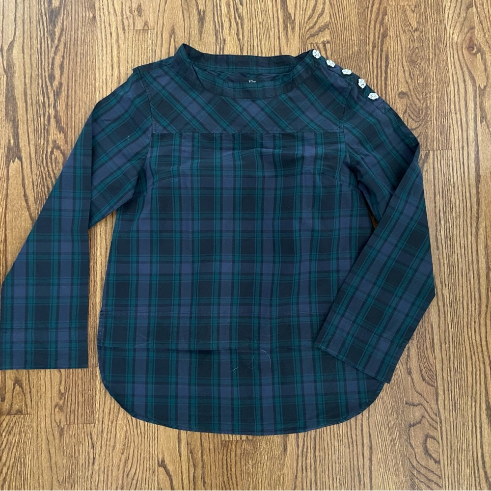 J crew Blackwatch plaid tunic top blouse with jewel shoulder buttons 8